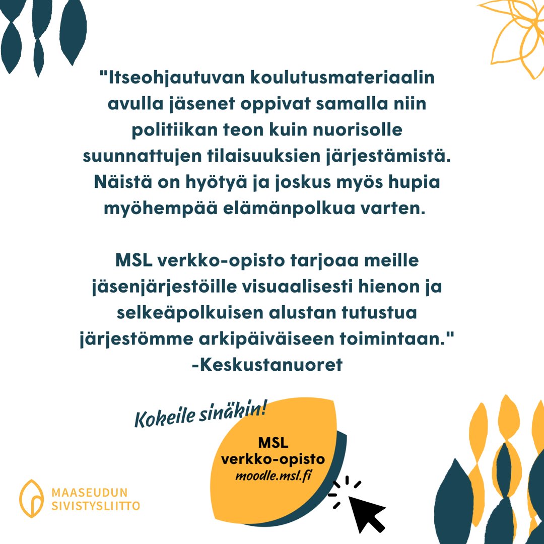 #MSLverkkoopisto on myös alusta jäsenjärjestöjemme omille kursseille, interaktiivisille oppaille ja muille koulutusmateriaaleille. #Opiverkossajainnostu -kampanjan aikana tuomme esiin MSL verkko-opistosta löytyviä materiaaleja. moodle.msl.fi #maaseudunsivistysliitto