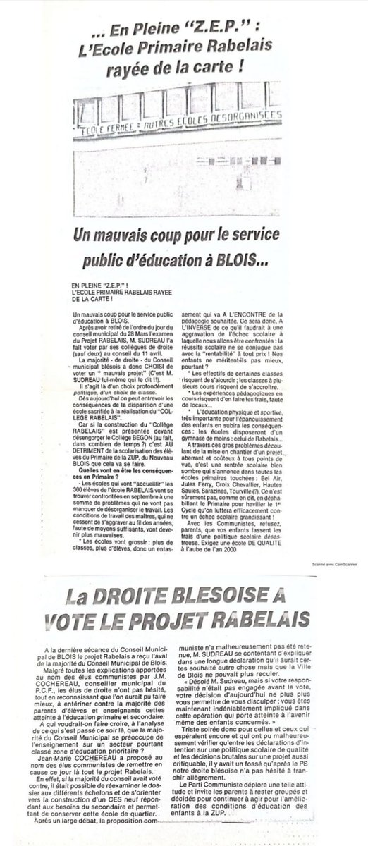 C'était il y a 37 ans dans 'la Voix de la ZUP'. On modifie un peu :
'Un mauvais coup pour le service public d'éducation à #Blois.
En plein REP+, le #collegeRabelais rayé de la carte !' toujours par le @departement41 .
La droite n'aime ni l'éducation ni les #quartierspopulaires