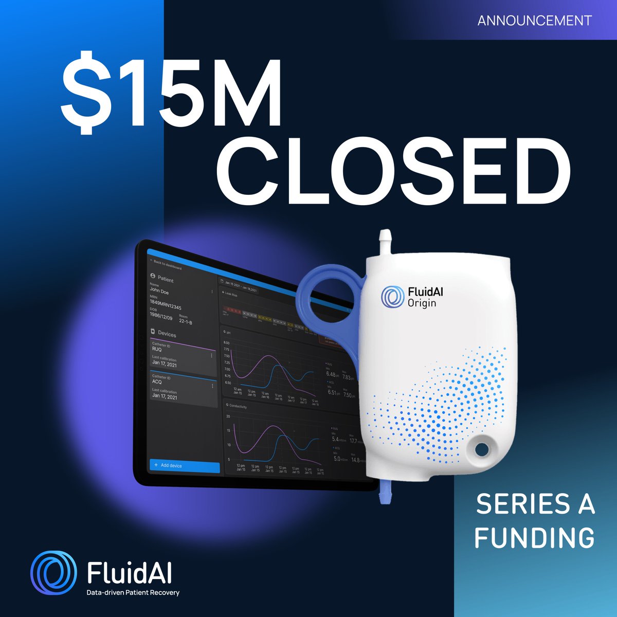 🎉 FluidAI Medical Announces $15M in Series A Funding at #HLTH2023 ! 🚀 🤖 Our Stream™ Platform uses #AI to empower surgeons with the data and insights needed to make crucial postoperative care decisions. This round is led by @SOSV and @GrapheneVCF 🔗 fluidai.md/2023/10/06/flu…