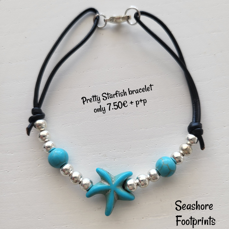Pretty Starfish bracelet on soft black soft leather cord with beautiful silver- plated beads and turquiose stones.  

Adjustable strap too!

A lovely starfish charm provides a stunning beach-themed finish

wix.to/GJrlytm
#mhhsbd #charmbracelet #starfishbracelet