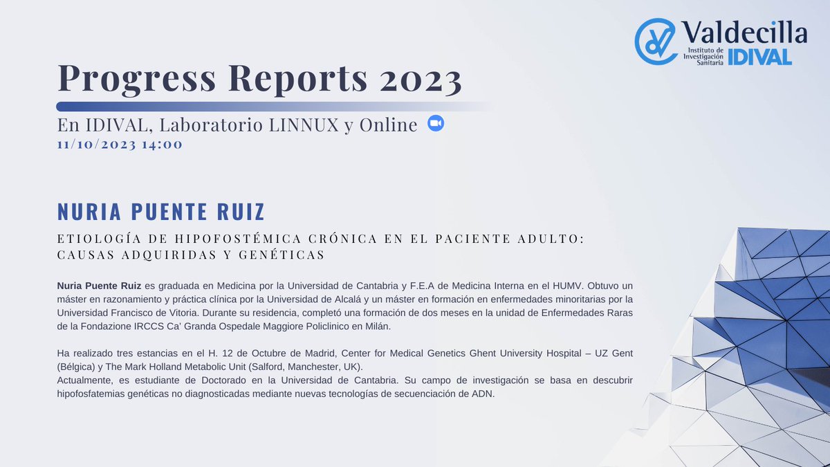 IDIVALdecilla's tweet image. #divulgacioncientificaIDIVAL

🗣Conoce a los ponentes #ProgressReport 
👨‍⚕️Nuria Puente Enfermedades esqueléticas, metabólicas y ambientales (Iesquema)

🗣Etiología de hipofostémica crónica en el paciente adulto: causas adquiridas y genéticas

📆11/10 🕑14:00h📌IDIVAL y Online