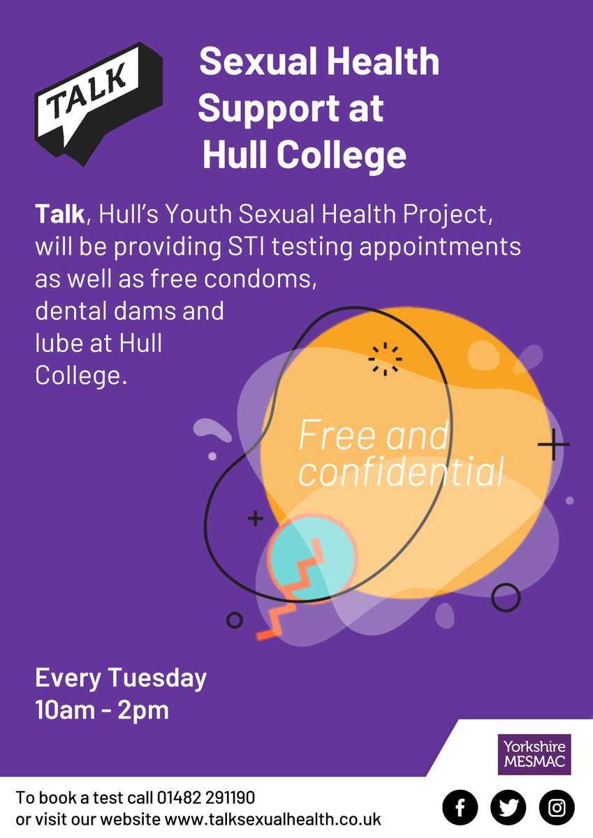 Hey everybody! Come join Joz for a sexual health drop-in at Hull College today!

Get free STI testing, condoms, lube, and most importantly get the help and support you need when it comes to your sexual health, relationships and wellbeing 💜

#SexualHealth  #STITesting #SafeSex