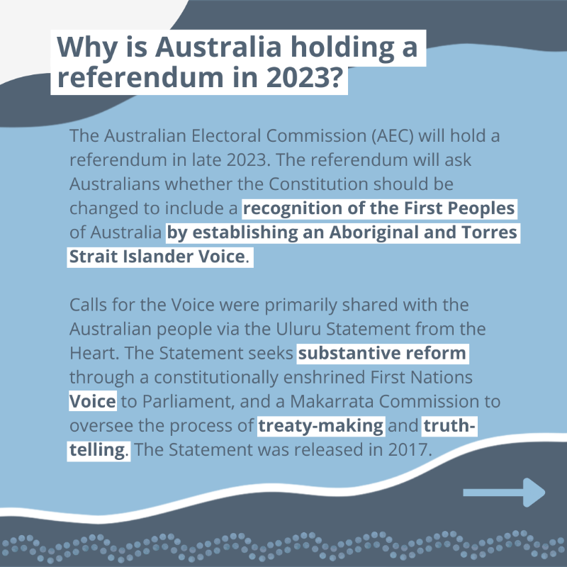 AusHumanRights's tweet photo. This Saturday, a referendum will be held to ask whether the Constitution should be changed to include a recognition of the First Peoples of Australia by establishing an Aboriginal and Torres Strait Islander Voice. Learn more in our educational resource:
