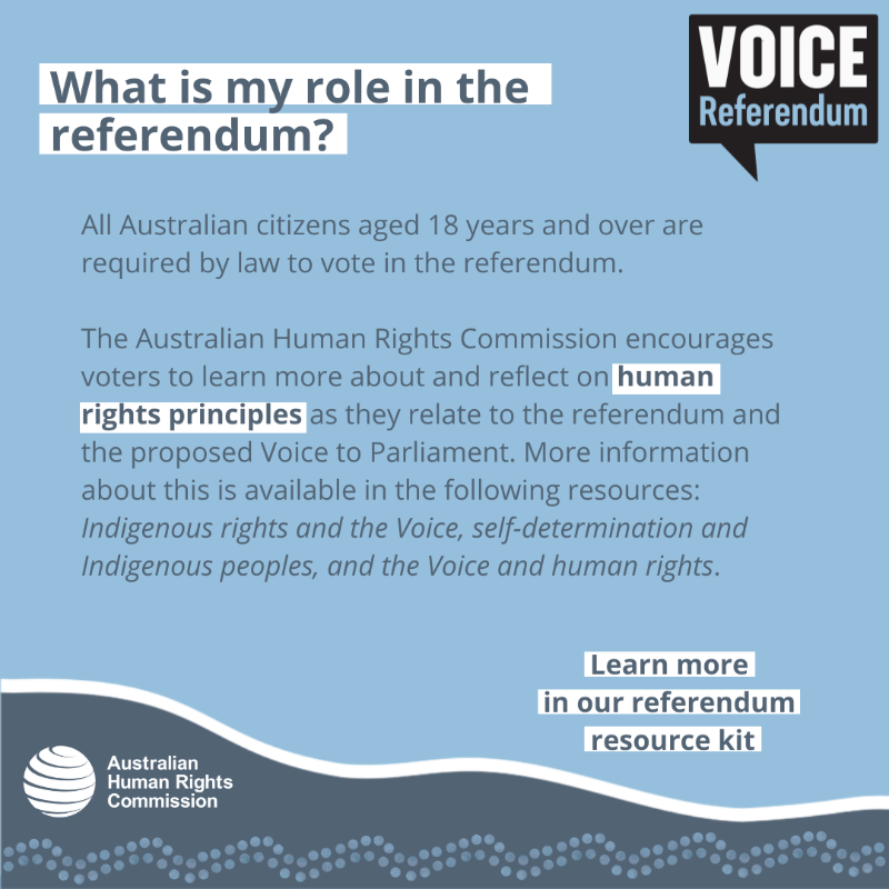 AusHumanRights's tweet photo. This Saturday, a referendum will be held to ask whether the Constitution should be changed to include a recognition of the First Peoples of Australia by establishing an Aboriginal and Torres Strait Islander Voice. Learn more in our educational resource: