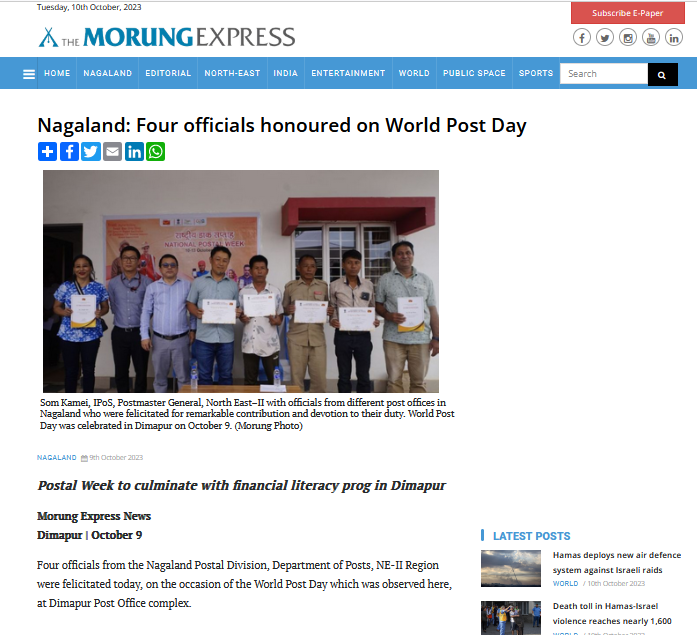 pmgdimapur's tweet photo. Snippets of News papers published in Dimapur about  #WorldPostDay  #NationalPostalWeek https://t.co/Rm8l1UHh0Q