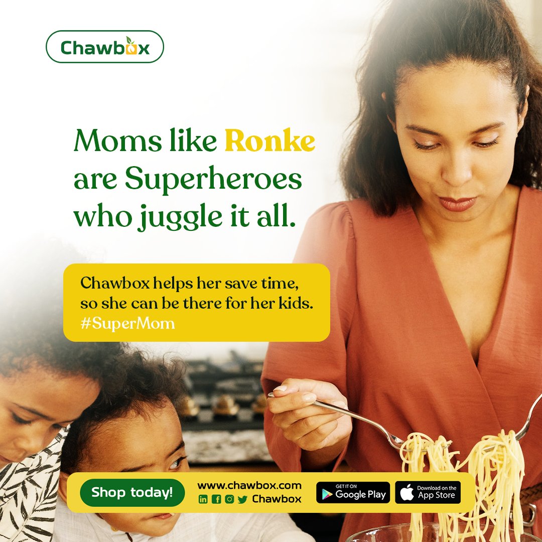 chawbox's tweet photo. Moms like Ronke are superheroes who juggle it all.
@chawbox helps her save time, so she can be there for her kids.
#SuperMom
#Chawbox
#ShopSmartSaveMore https://t.co/r7sXXU4KV1