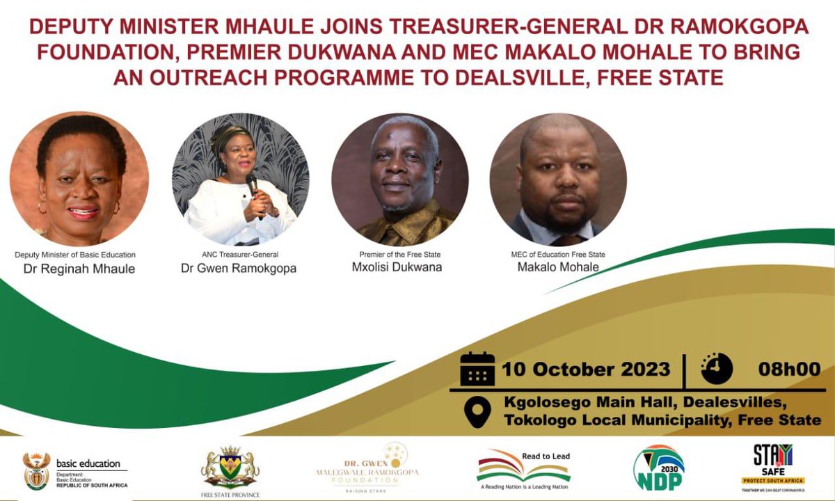 This morning @DBE_SA will be visiting the community of Dealesville, Free State joined by @GwenRamokgopa and MEC Mohale to raise awareness on various community and school-level challenges #EducationForAll