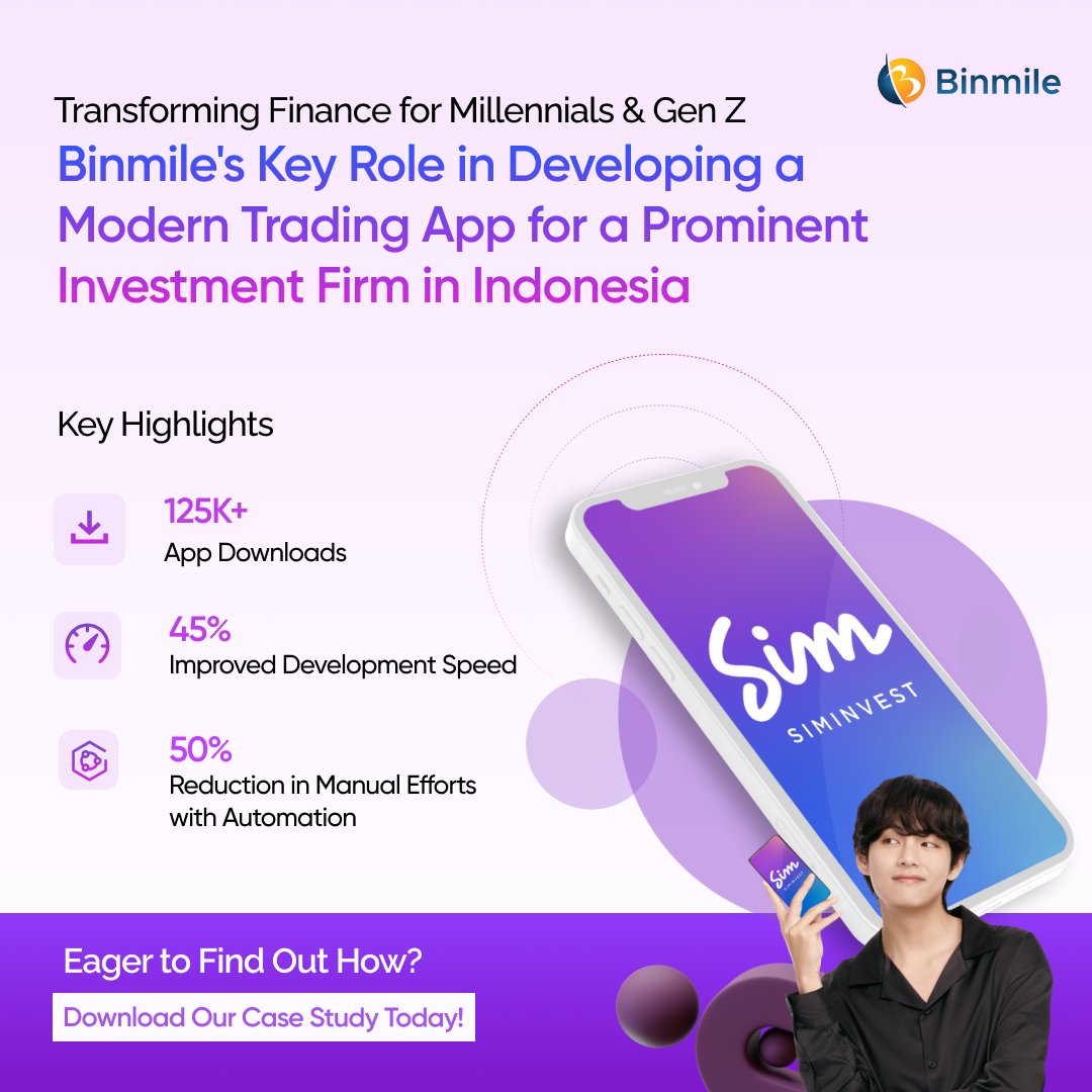 BinmileOfficial's tweet photo. Revolutionizing Finance for #Millennials &amp; #GenZ with @BinmileOfficial's cutting-edge #tradingapp for an Indonesian investment firm. 
✅125K+ downloads 
✅45% faster development 
✅50% less manual effort 
Dive into our @siminvest_id Case Study now |
https://t.co/zrpddc3iK9 https://t.co/Q7zOzaMwEi