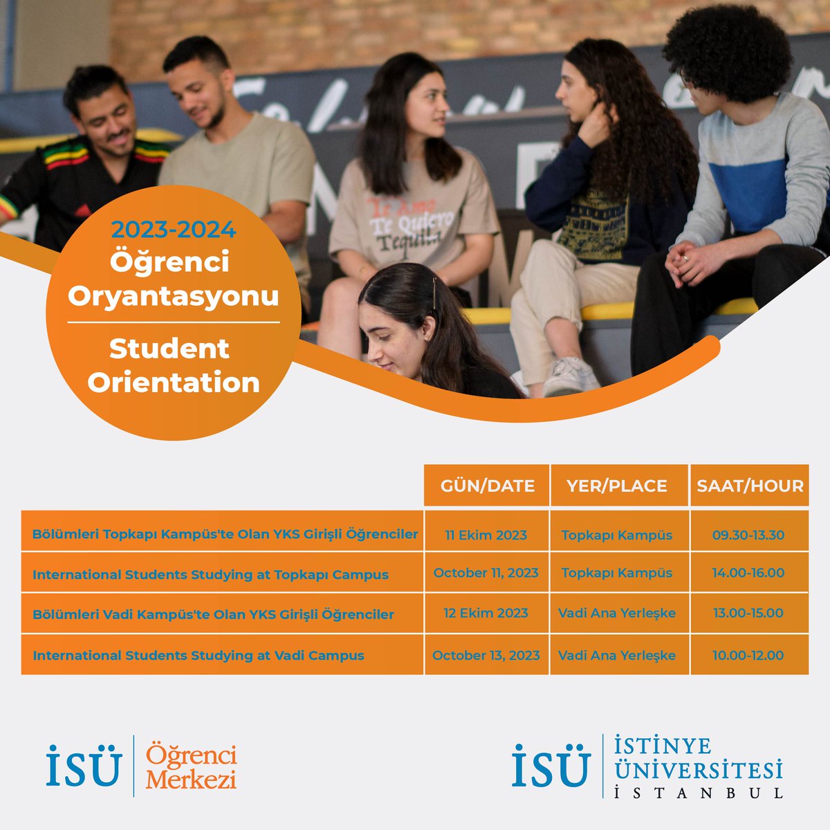 Ailemize yeni katılan siz öğrencilerimiz için hazırlanan oryantasyon programımız başlıyor. 
 
11-12-13 Ekim 2023 tarihlerinde, idari ve akademik birimlerimizle beraber Topkapı Kampüs, Vadi Ana Kampüs ve Vadi İstanbul Kampüsünde buluşuyoruz. Sizlere üniversitemizin vizyonunu ve