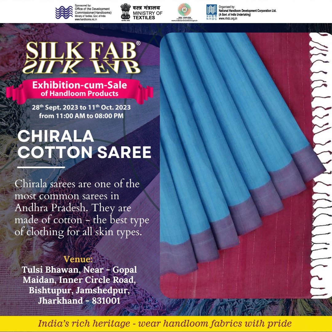 silkfabofficial's tweet photo. Discover the allure of Chirala Cotton sarees at SilkFab's Exhibition Cum Sale at Tulsi Bhawan, Near - Gopal Maidan, Inner Circle Road, Bishtupur, Jamshedpur, Jharkhand 831001 till 11th Oct.
#jamshedpur #handwoven #lovehandloom #sareeaddict #MyHandloomMyPride https://t.co/S4theyUDkm