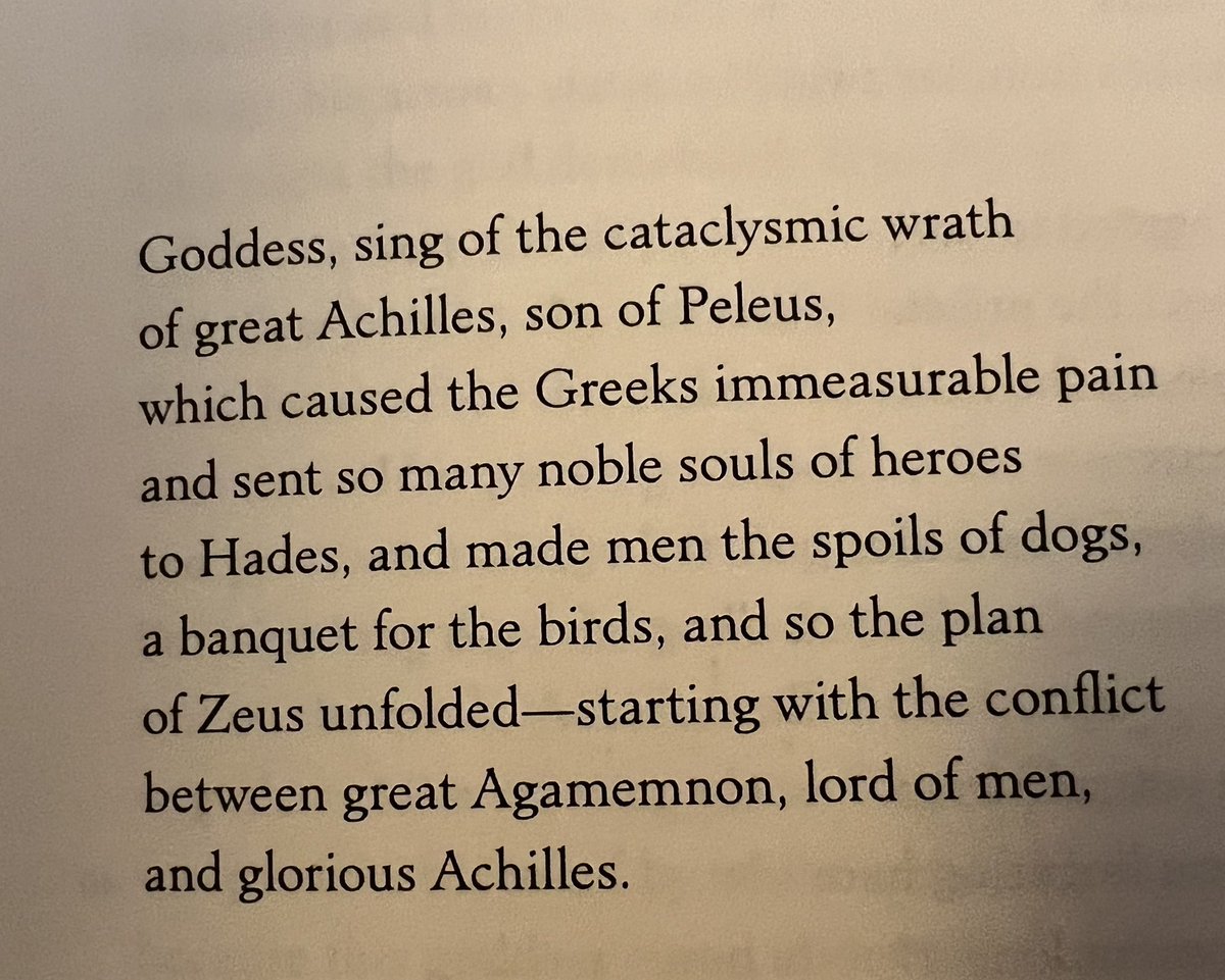 Time to nerd out on Emily Wilson’s new translation of the Iliad into iambic pentameter. I’ll focus on the proem, the very first seven lines, which I had to memorize nearly forty years ago in Greek class and which has been close to heart ever since.

Here is her rendition. 1/