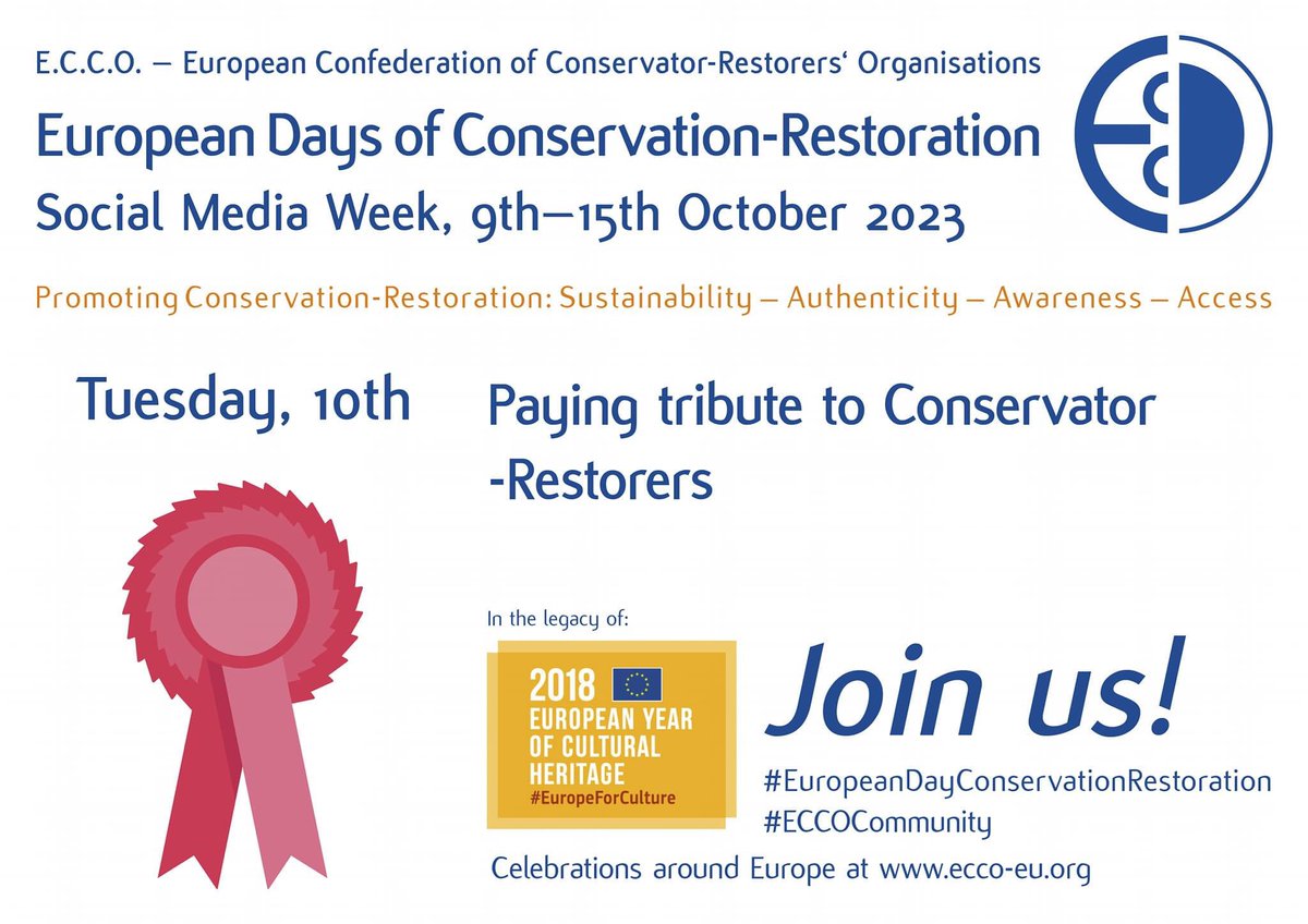 Tuesday, 10th October: Paying tribute to #ConservatorRestorers

A day dedicated to the people that have significantly contributed to the field of CR whether by their involvement in the recognition of the profession or by  pioneering in their work. #ECCCOcommunity.