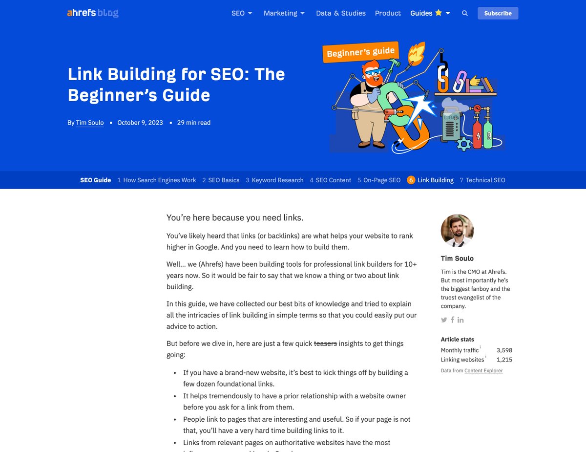 timsoulo's tweet image. I think this would be the 4th time that I rewrote the @ahrefs&apos; Guide to Link Building...

I&apos;ve been revisiting this article approx. once a year and every single time I HATED how I approached this topic a year ago. 😅

So if you&apos;re new to link building and you want to better…