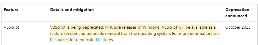 VBScript is being deprecated by Microsoft in October 2023. If you are still using Microsoft Deployment Toolkit (MDT) to build your Golden Images it is time to move to another technology. learn.microsoft.com/en-us/windows/…
