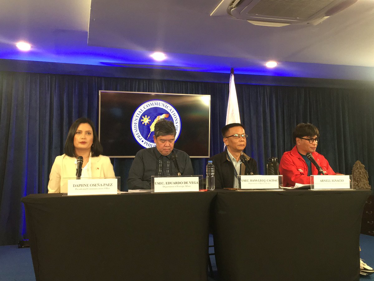 HAPPENING NOW: Malacañang Press Briefer Daphne Oseña-Paez on Tuesday (Oct. 10, 2023) holds Palace briefing with DFA Undersecretary Eduardo de Vega, DMW Undersecretary Hans Leo Cacdac and OWWA administrator Arnell Ignacio.