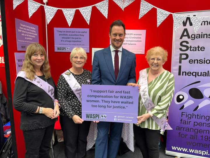 Great to see @StephenMorganMP visiting the @WASPI_Campaign stand @UKLabour conference. Thank you for your ongoing support in our fight for #WASPI #1950swomen's State Pension justice. @PompeyLabour #LabourConference23 #Lab23