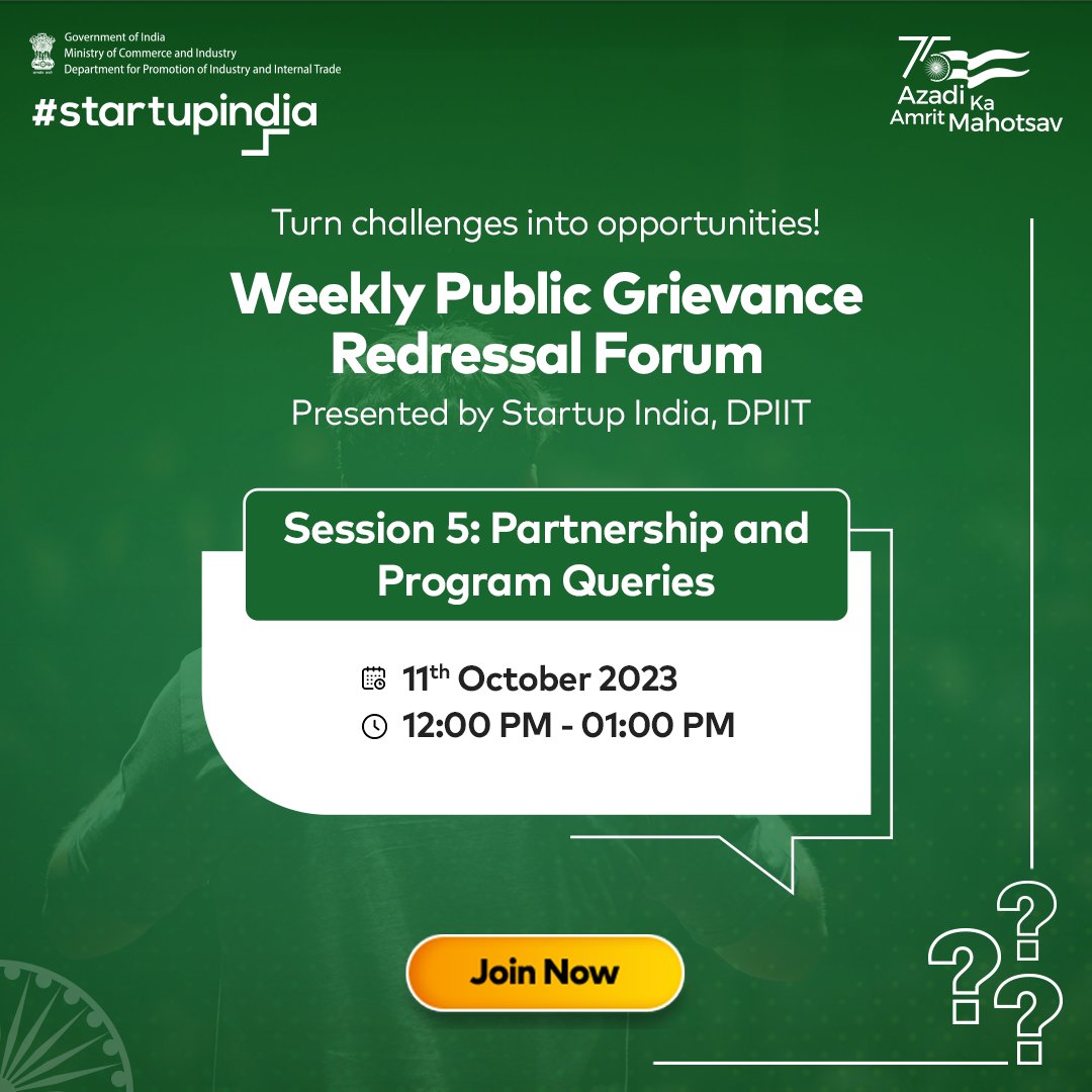 startupindia's tweet photo. The fifth session of the Weekly Public Grievance #RedressalForum, will address queries related to mandates and benefits of participation in programs & challenges and benefits of partnering with #StartupIndia.
Join here: https://t.co/1qE9OHCAo9
#IndianStartups #StartupQueries https://t.co/8IYj4OHbet