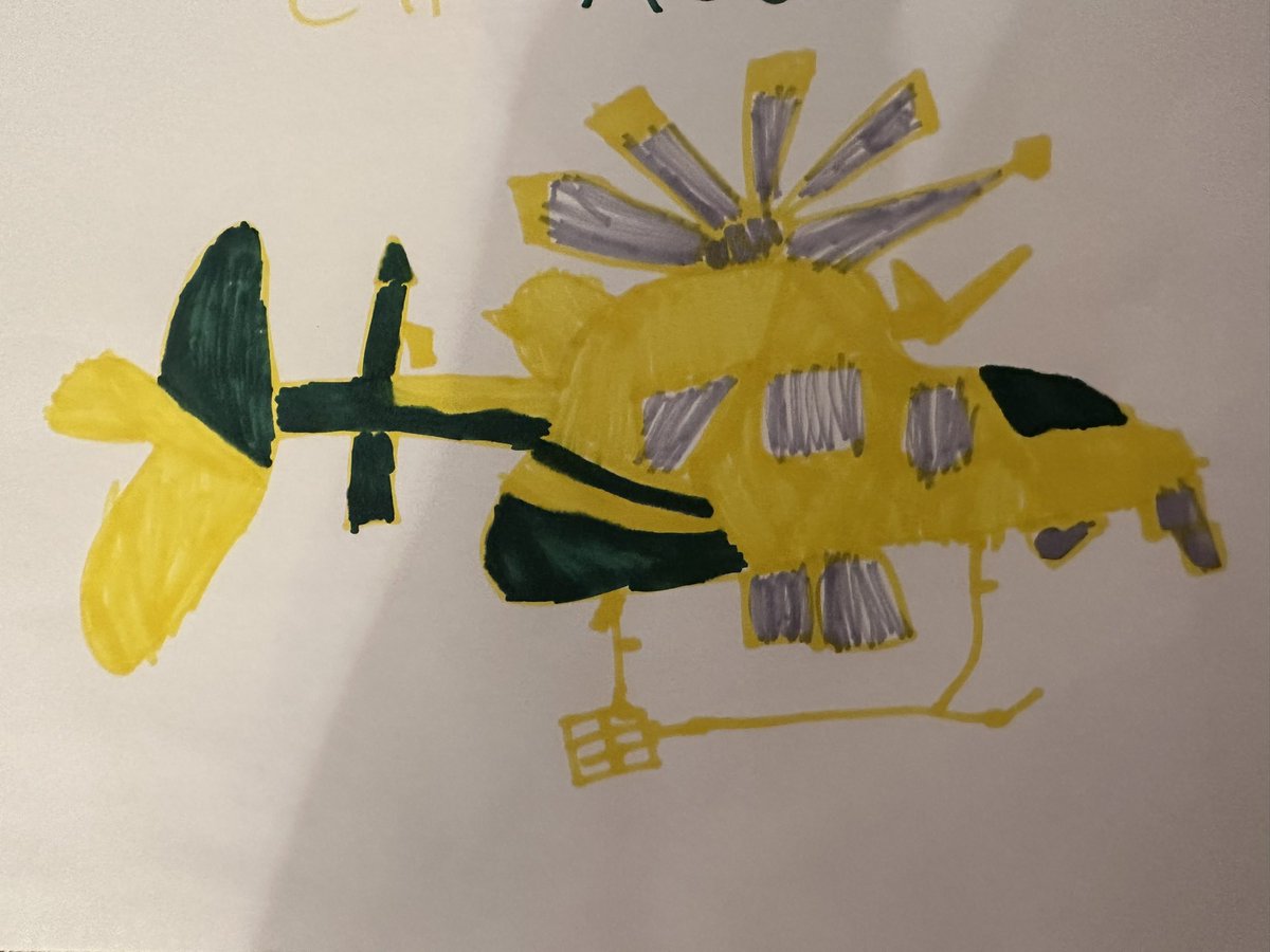 My daughter Ivy loved her school visit from @WiltsAirAmbu last week and last night she drew this fab picture! We always wave when you fly over our house, thank you for everything you do 💚