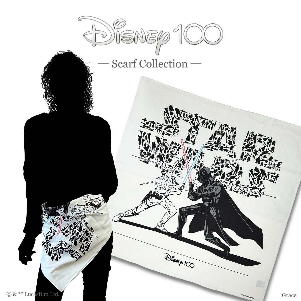 【Disney100/ Scarf】 -STAR WARS-  「ルークスカイウォーカー」と「ダースベイダー」が迫力満点なデザイン❗️ 背後には作品内に登場するモノがシルエットになってタイトルロゴに❗️ シンプルなレイアウトだからこそカッコいい‼️『スターウォーズ』ファンにイチオシの一枚です✨  #starwars