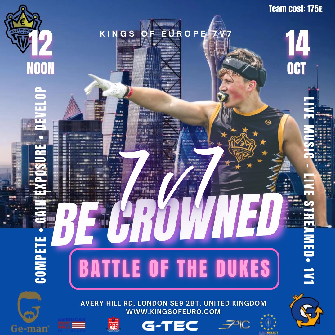 L D N 🇬🇧 OCT 14 
Registration starts @ 12:00 noon 
Double elimination 
1v1 competition 
Fastest man competition 
&amp; much much more. 

Click link below ⬇️ 
kingsofeuro.com