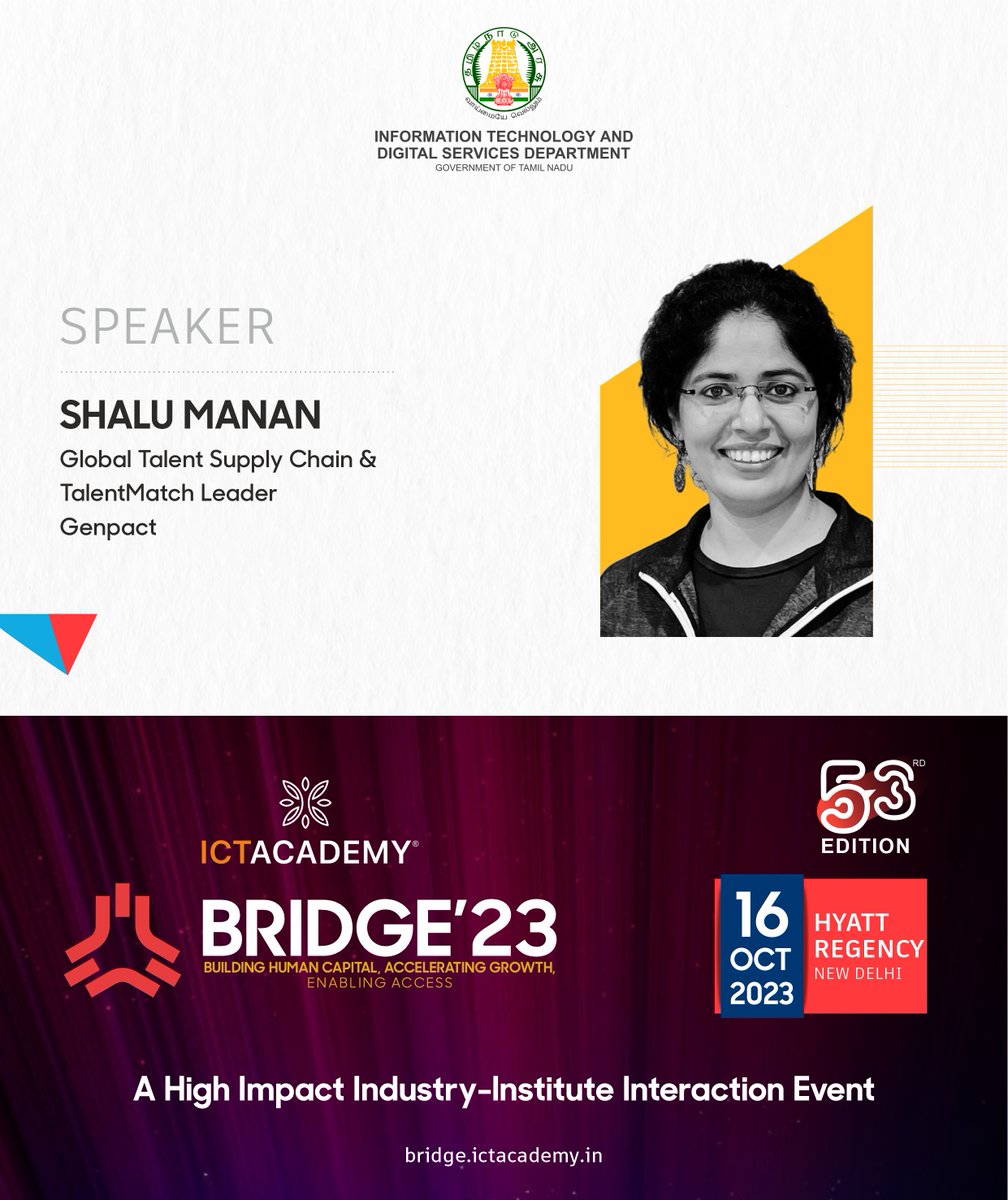 ictacademyindia's tweet image. ICT Academy is proud to present Shalu Manan, Global Talent Supply Chain &amp;amp; TalentMatch Leader, #Genpact as our keynote speaker for the 53rd edition of ICT Academy BRIDGE 2023 - #Delhi.

Visit: bridge.ictacademy.in/Delhi/

#ictacademy #ictbridge53 #ictacademybridge2023 #ictbridgedelhi