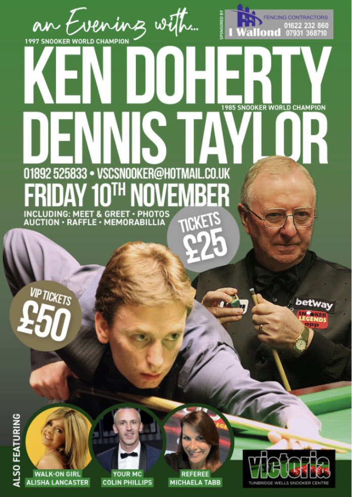 Have you got your tickets yet.

Hurry before it’s too late.
<a href="/kendoherty1997/">Ken Doherty Official</a> 
<a href="/dennistaylor147/">Dennis Taylor</a> 
<a href="/KentSnooker/">Kent Snooker</a> 
<a href="/snookerhub/">Snooker Hub</a> 
<a href="/SnookerLifeUK/">SnookerLife</a> <a href="/078Colin/">Colin Owen Phillips</a> <a href="/AlishaMayL/">Alisha Lancaster</a> <a href="/MichaelaTabb/">Michaela Tabb</a>