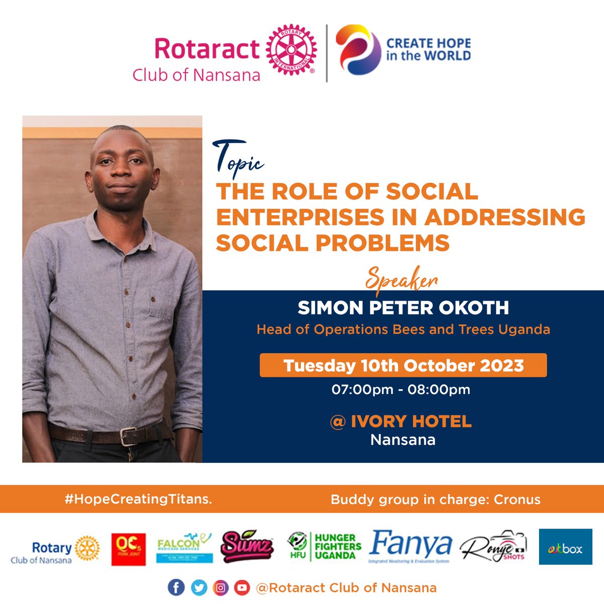 rctnansana's tweet image. FELLOWSHIP ALERT 
This evening, we'll be joined by Mr. Okoth Simon Peter from @bees_hope as he'll be talks to us about THE ROE OF SOCIAL ENTERPRISES IN ADDRESSING SOCIAL AND ENVIRONMENTAL PROBLEMS.
We start at 7pm nga bulijjo🤗
#HopeCreatingTitans
#CreatingHopeInTheWorld