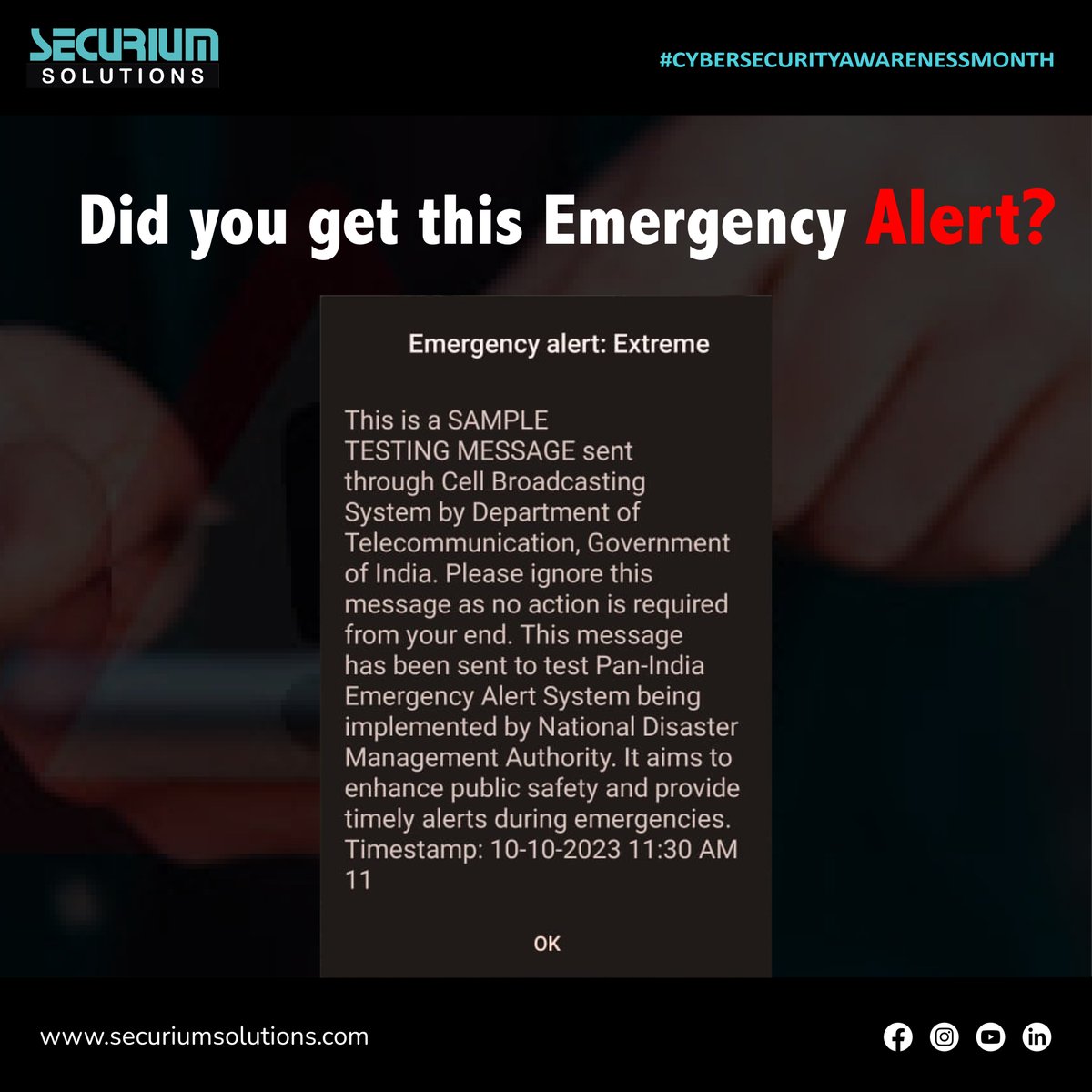 securiumsoln's tweet image. 𝗜𝘁 𝗮𝗶𝗺𝘀 𝘁𝗼 𝗲𝗻𝗵𝗮𝗻𝗰𝗲 𝗽𝘂𝗯𝗹𝗶𝗰 𝘀𝗮𝗳𝗲𝘁𝘆 𝗮𝗻𝗱 𝗽𝗿𝗼𝘃𝗶𝗱𝗲 𝘁𝗶𝗺𝗲𝗹𝘆 𝗮𝗹𝗲𝗿𝘁𝘀 𝗱𝘂𝗿𝗶𝗻𝗴 𝗲𝗺𝗲𝗿𝗴𝗲𝗻𝗰𝗶𝗲𝘀.

#emergencyalert #emergencynotification #sampletest #emergencytest #testbyGOI  #indianpeople #cybersecurity #securiumsolutions