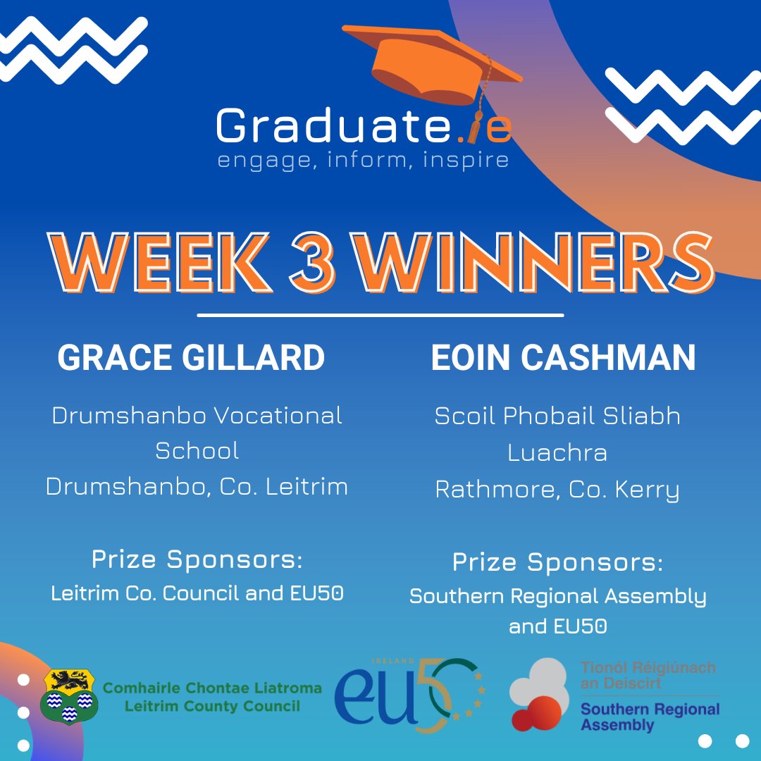 Graduate Ireland (@graduate_ie) on Twitter photo Week 3 Winner Alert! 🏆
Big congrats to our 2 winners of week 3!
🌟Grace Gillard <a href="/DrumshanboVS/">Drumshanbo VS</a> Co. Leitrim
Prize Sponsored By: <a href="/leitrimcoco/">Leitrim County Council</a> & EU50
🌟 Eoin Cashman, <a href="/SPSL_Rathmore/">SPSL_Rathmore</a> Co Kerry
Prize Sponsored By: <a href="/SouthernAssembl/">Southern Regional Assembly</a> & EU50
gradute.ie Week 3 Winner Alert! 🏆
Big congrats to our 2 winners of week 3!
🌟Grace Gillard <a href="/DrumshanboVS/">Drumshanbo VS</a> Co. Leitrim
Prize Sponsored By: <a href="/leitrimcoco/">Leitrim County Council</a> & EU50
🌟 Eoin Cashman, <a href="/SPSL_Rathmore/">SPSL_Rathmore</a> Co Kerry
Prize Sponsored By: <a href="/SouthernAssembl/">Southern Regional Assembly</a> & EU50
gradute.ie