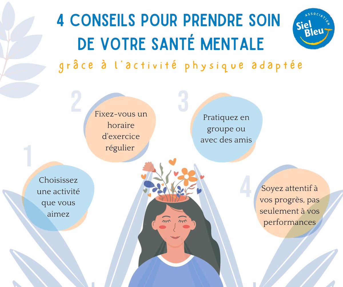 #SanteMentale Il est essentiel de prendre soin de notre bien-être mental, et l'activité physique joue un rôle clé dans cet équilibre. 🙏 Donnons la priorité à notre santé mentale et trouvons le temps, même quelques minutes par jour, pour bouger et prendre soin de nous-mêmes.