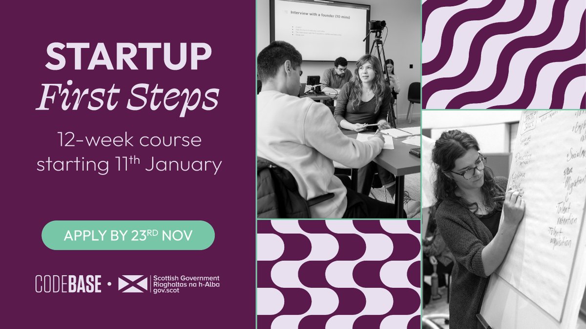Applications are now open for our next cohort of Startup First Steps, a 12-week, fully-funded accelerator course run by @CodeBasetech for founders based in Scotland and those looking to develop an idea to launch. Find out more: hubs.li/Q024X1970