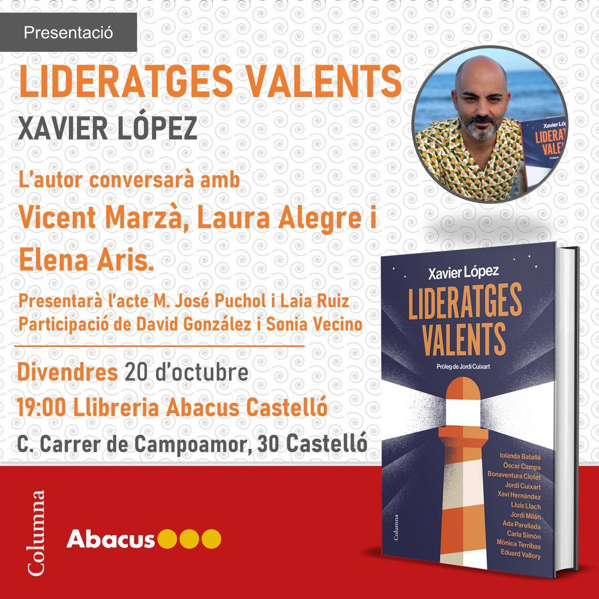 Sonia Vecino-Ramos (@sonipower) on Twitter photo Save the date!!!📆
Apunteu la data i acompanyeu-nos en aquest ratet en el que compartirem visions i perspectives sobre els lideratges valents.
Un plaer i una sort poder comptar amb <a href="/xlopez80/">Xavier López</a> a Castelló una vegada més. I esperem que no siga l’última🤞🏻😉.
Us esperem…😉🤗😍 Save the date!!!📆
Apunteu la data i acompanyeu-nos en aquest ratet en el que compartirem visions i perspectives sobre els lideratges valents.
Un plaer i una sort poder comptar amb <a href="/xlopez80/">Xavier López</a> a Castelló una vegada més. I esperem que no siga l’última🤞🏻😉.
Us esperem…😉🤗😍