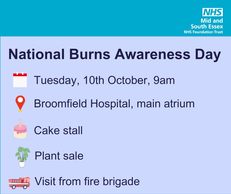 MSE love NURSING 🏳️🌈 (@mselovenursing) on Twitter photo Tomorrow is National Burns Awareness Day, and the Adults Burn ward at Broomfield Hospital is hosting a cake stall in the main atrium to celebrate. Please come along and learn more about burns prevention and safety!
#BeBurnsAware <a href="/MSEHospitals/">Mid and South Essex NHS Foundation Trust</a> Tomorrow is National Burns Awareness Day, and the Adults Burn ward at Broomfield Hospital is hosting a cake stall in the main atrium to celebrate. Please come along and learn more about burns prevention and safety!
#BeBurnsAware <a href="/MSEHospitals/">Mid and South Essex NHS Foundation Trust</a>