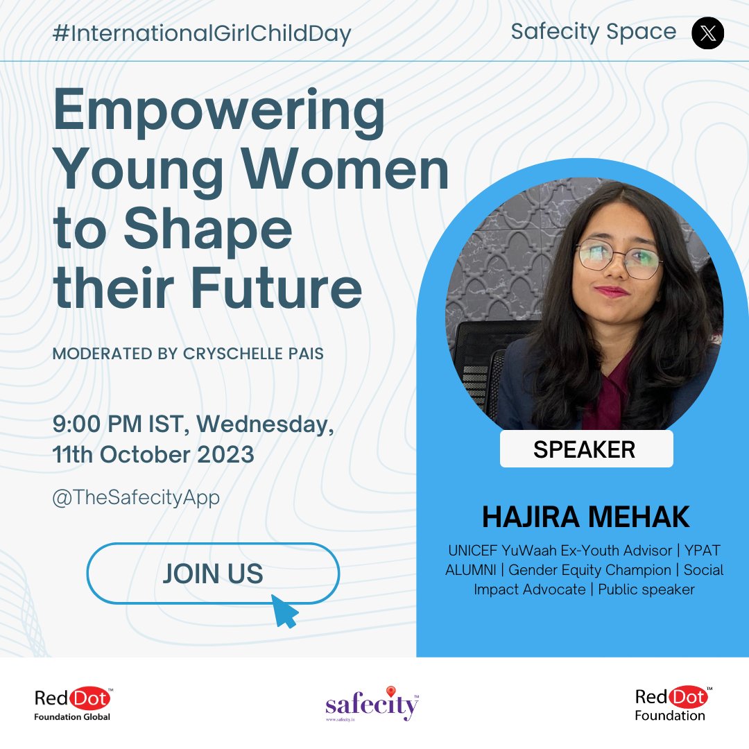 TheSafecityApp's tweet photo. 📢Please join us for a #Safecity Space with Hajira Mehak (@MehakHajira), on "Empowering Young Women to Shape their Future".

🗓️11th October 2023
⏰9:00 PM IST | 11:30 AM EST | 6:30 PM EAT
📍https://t.co/upv75wAmGu

#InternationalGirlChildDay

#Safecity #RedDotFoundation https://t.co/pGC7waKkp5