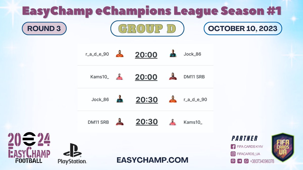 EasyChamp eChampions League #eCL #Season1 🏆 ⭐️ 

🗓 Matchday 3
🎮 #Groups A, B, C, D 

⏰ All matches take place in Central European Time.

📲 easychamp.com

<a href="/EasyChampeSport/">EasyChamp Esports</a> 
<a href="/EasyChampInc/">EasyChamp</a> 
<a href="/play_eFootball/">eFootball</a> 

#eFootball2024 #EasyChamp