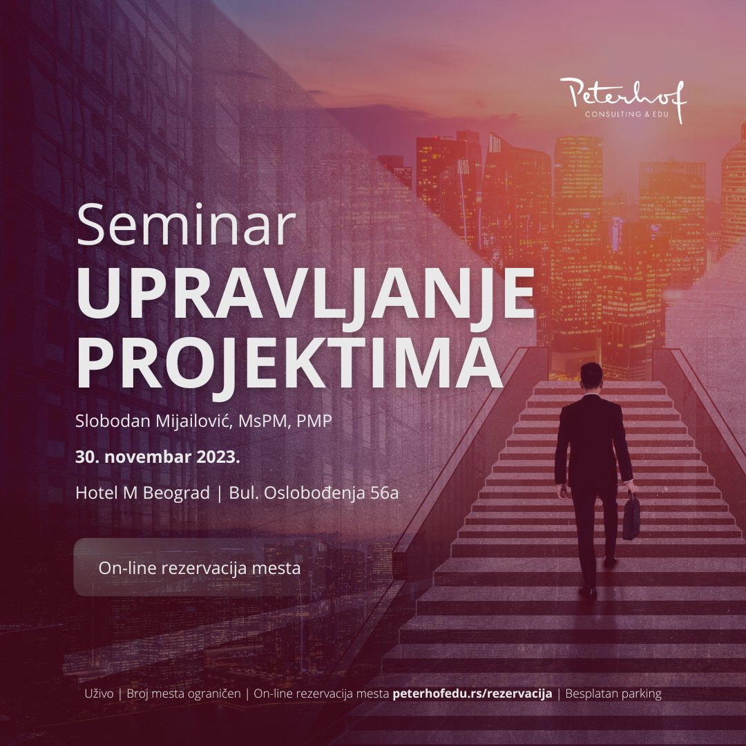 PeterhofRs's tweet photo. Peterhof Consulting &amp; Edu Vas poziva na seminar 
“Upravljanje projektima”, koji se organizuje 30. novembra 2023. godine u hotelu M u Beogradu.

O programu: https://t.co/RYdAaQDSED
On-line rezervacija: https://t.co/Wqwa0XDBfF

#UpravljanjeProjektima #Seminar #PMI https://t.co/SRa5r1Jo88