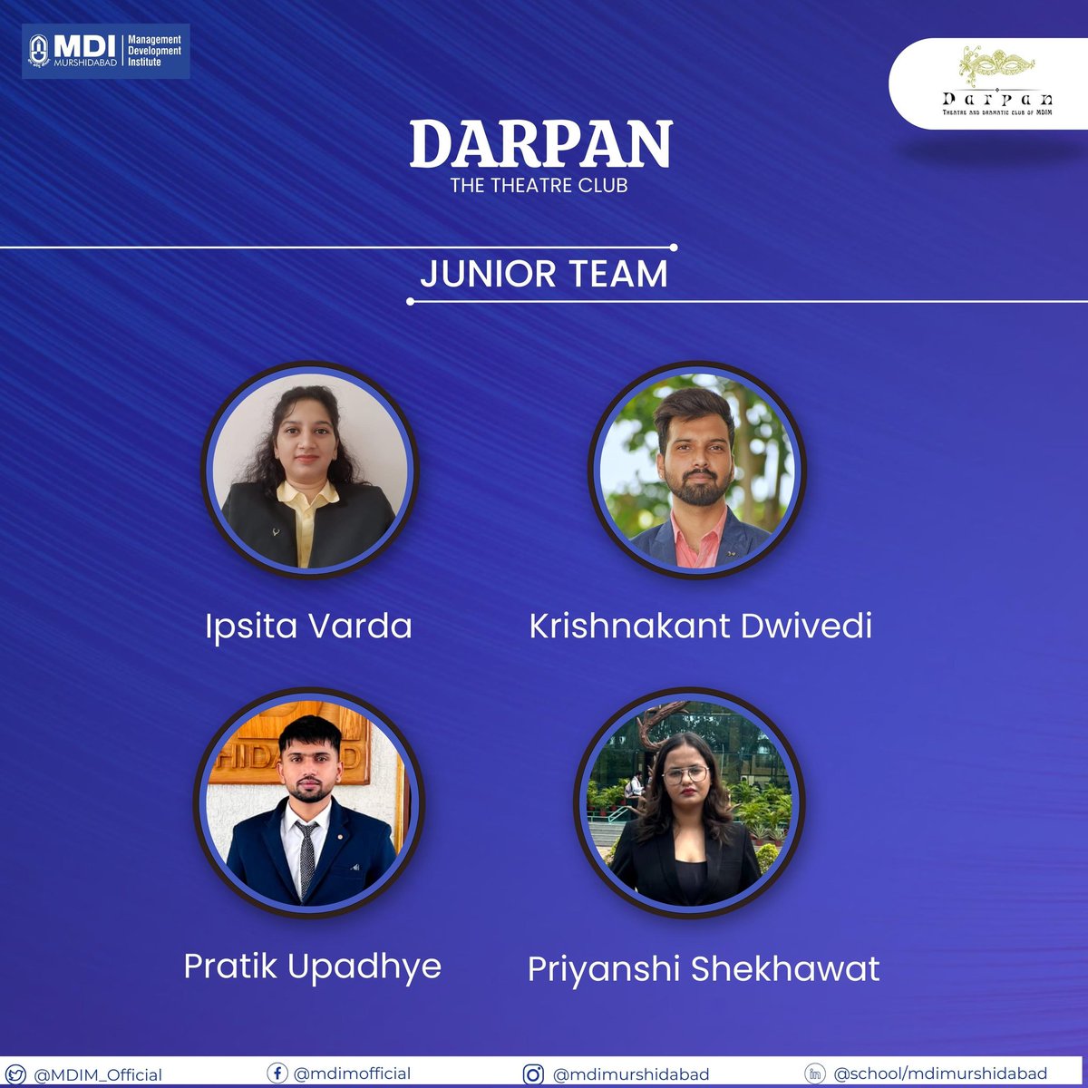 MDIM_Official's tweet photo. Darpan, the #dramaclub of #MDIM is where talent takes center #stage, weaving captivating #stories, & igniting emotions through the #art of #performance. Aagaz, their #flagshipevent creates lasting impressions that everyone cherish.A warm welcome to the fresh faces of Darpan.
#MBA https://t.co/apn886yihT