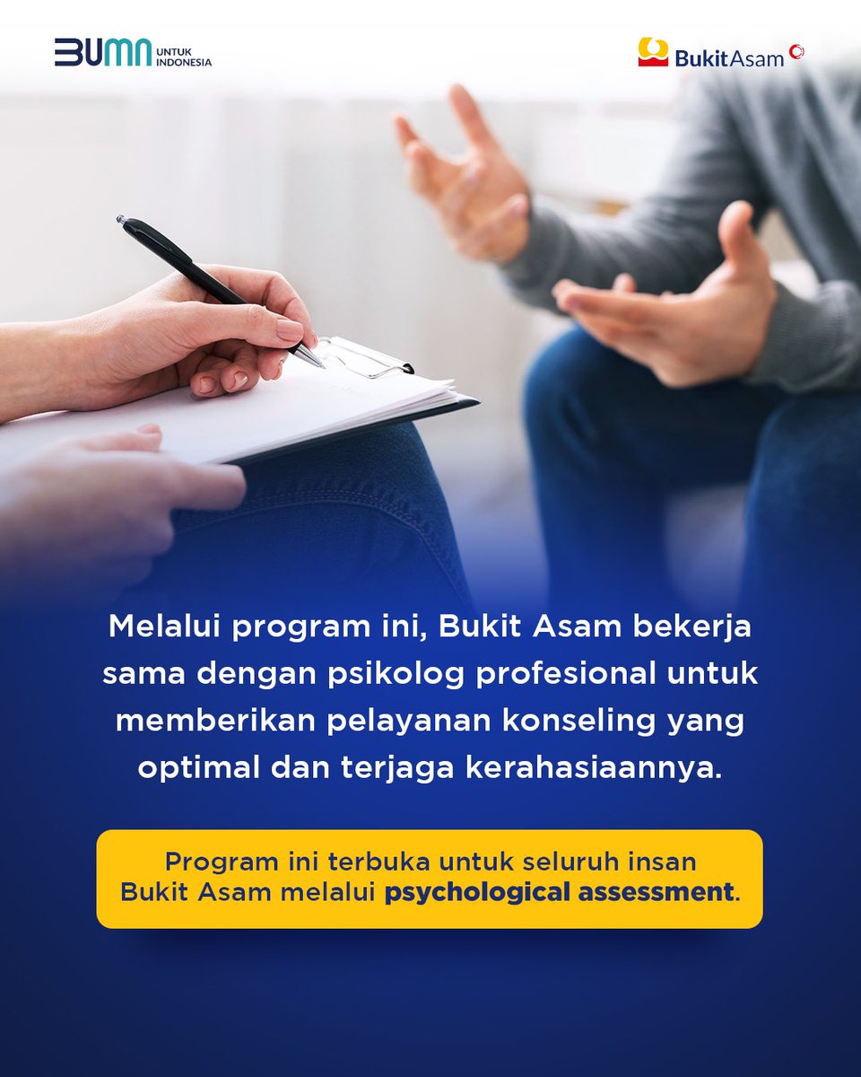 BukitAsamPTBA's tweet photo. Our minds, our rights, TemanKita!
Sebagai upaya mendukung Insan Bukit Asam mengidentifikasi dan menyelesaikan berbagai masalah, khususnya di tempat kerja, Bukit Asam menyediakan layanan konseling #BetterUs through Counseling https://t.co/K68e8omQ9E
