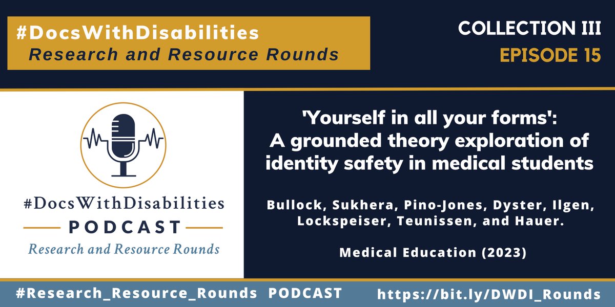 DocsWith's tweet photo. 📣Ep. 15 of @DocsWith #Research_Resource_Rounds

@JBullockRuns et al identified 3 factors that support identity safety among #Minoritized #MedicalStudents:

1⃣Agency to serve
2⃣Upholding personhood
3⃣A sense of belonging

👉https://t.co/zzvzUVfc3m
#DocsWithDisabilities #MedEd https://t.co/ywGunEAkpl