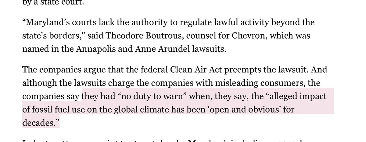 Here is fossil fuel companies' new defense in lawsuits accusing them of deceiving the public about climate change: They perpetrated no deception, they say, because the 'alleged impact of fossil fuel use on the global climate has been ‘open and obvious’ for decades.' 1/n