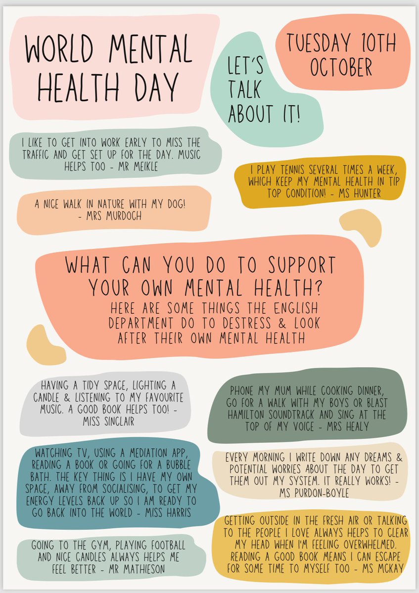 We are celebrating World Mental Health Day today! 🎉

The English department had a brilliant conversation at lunch on Friday about the ways in which we look after our mental health. 

Can you see any you identify with? 

@CglenWellbeing 
#LetsGetTalking