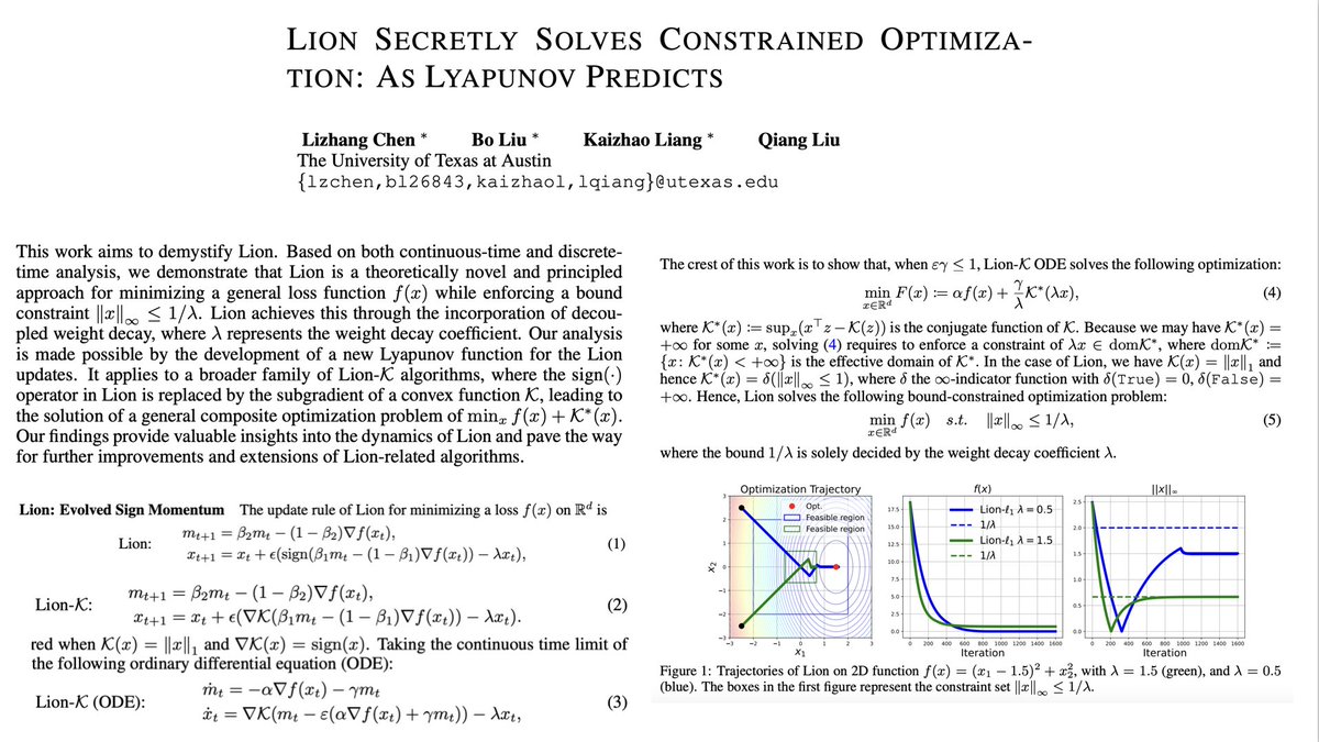 Constrained optimization perspective on what Lion optimizer is doing. They also generalize Lion to operations other than sign in the update.
Paper: arxiv.org/abs/2310.05898
It seems highly related to dual space preconditioning, which is somehow not cited: arxiv.org/abs/1902.02257