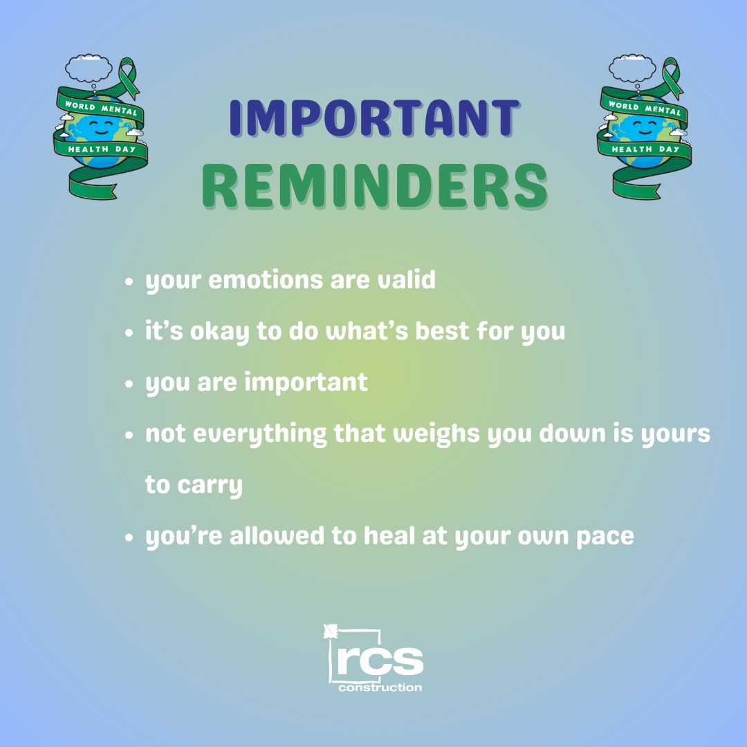 Today marks World Mental Health Day. 

Take this 'Positive Headspace' as a gentle reminder that your mental health matters, and you are never alone. Your friends at rcs construction stand with you and support you. 

Check out hubs.ly/Q024YfZG0 for more resources!