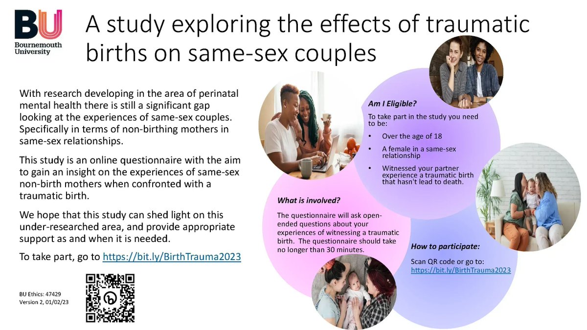 Dr Andy Mayers💡 (@drandymayers) on Twitter photo At <a href="/bournemouthuni/">Bournemouth Uni</a> we're looking to recruit (female) same-sex partners who have witnessed their partner's traumatic birth. Information about what support you received may help us influence changes
buff.ly/3DBRws3
<a href="/CatherineTalb/">Dr Catherine Talbot</a> <a href="/GeorgiaWaley/">Georgia Waley</a> <a href="/birth_better/">Make Birth Better</a> <a href="/BirthTrauma/">BirthTrauma</a> At <a href="/bournemouthuni/">Bournemouth Uni</a> we're looking to recruit (female) same-sex partners who have witnessed their partner's traumatic birth. Information about what support you received may help us influence changes
buff.ly/3DBRws3
<a href="/CatherineTalb/">Dr Catherine Talbot</a> <a href="/GeorgiaWaley/">Georgia Waley</a> <a href="/birth_better/">Make Birth Better</a> <a href="/BirthTrauma/">BirthTrauma</a>