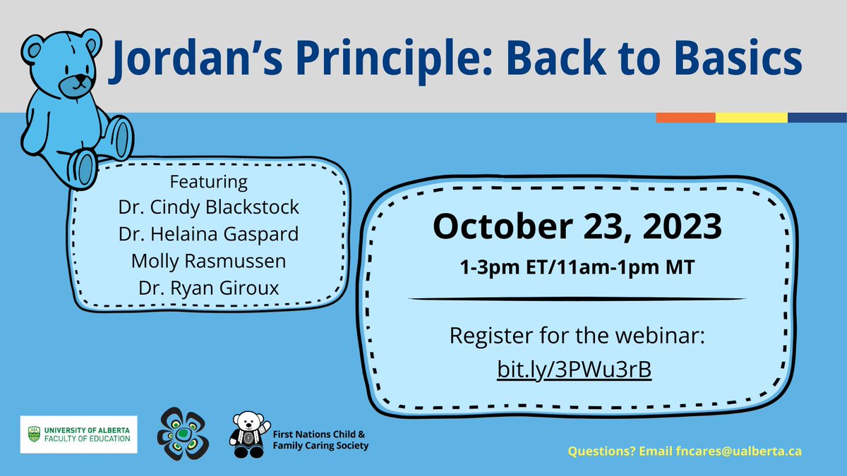 Join us online Oct. 23 to learn about issues First Nations children face when trying to access services &amp; supports through #JordansPrinciple, who is eligible, how to apply, &amp; much more. Featuring <a href="/cblackst/">Cindy Blackstock</a> &amp; <a href="/HelainaGaspard/">Helaina Gaspard</a> <a href="/IFSD_IFPD/">Institute of Fiscal Studies and Democracy</a>  
Register here: bit.ly/3PWu3rB
