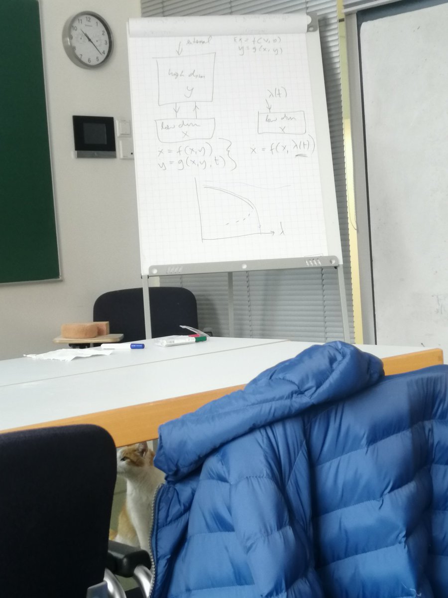 BryonyHobden's tweet image. Second day of Non-autonomous Dynamics for Complex Systems workshop workshop @mpi_pks! Someone special decided to join us for our lecture on pullback attractors 🐈