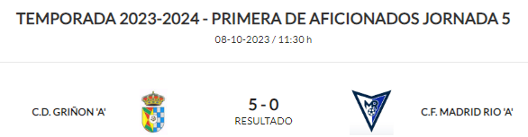 Buena victoria en casa de <a href="/CD_GRINON/">CD Griñon</a>  ante <a href="/CFMadridRio/">C.F. Madrid Río</a>  por 5-0

José Hernando en la 1ª parte, Ángel ya en la segunda y 3 goles de Iván Bello en la parte final del partido dan una victoria balsamica al conjunto local para ir escalando puestos en la tabla
