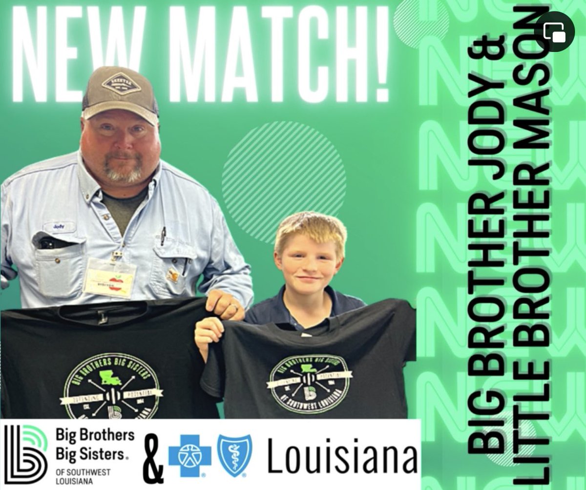 erindavison73's tweet photo. #newmatch at @bbbsofswla 🎉. TY @packagingcorp and @BCBSLA for supporting our #beauregardparish mentoring programs. 💚 #bebig #bbbsswla https://t.co/Sii3YSrM72