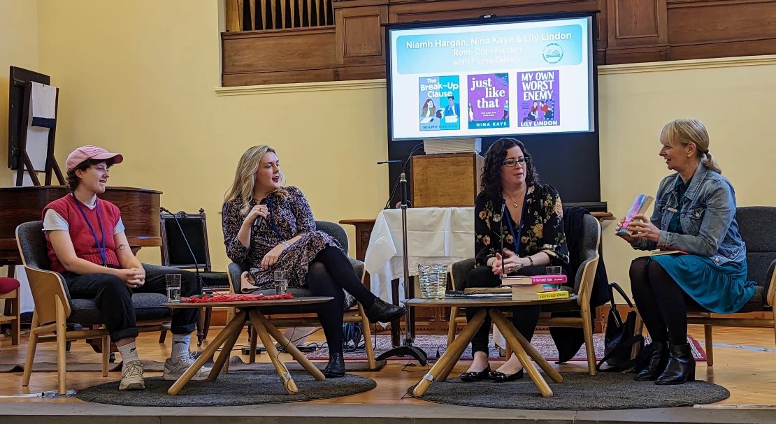 EdWomensFicFest's tweet photo. Rom Com Fiction - this happy vibe dominated the whole Festival. Love you @EveWithAnN @NinaKayeAuthor @lily_lindon @FionaGibson #RespectRomCom https://t.co/kI8yY74Urx