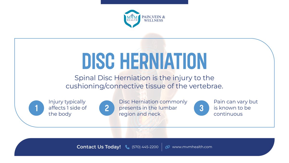 Struggling with back pain? 😩 Discover how MVM Health's Harvard-trained doctors can help you find relief from Disc Herniation. Don't suffer in silence; call us at 570-445-2200 or visit our website today. 💪🌟 #BackPainRelief #HerniatedDisc #MVMHealth #LehighValleyPA #MonroeCounty